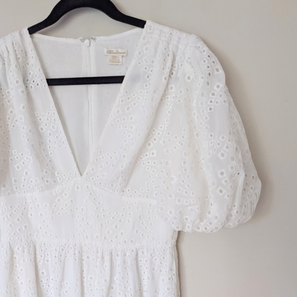 SHOSHANNA Jordi Optic White Eyelet Puff Sleeve V Neck Asymmetrical Midi Dress - Picture 4 of 9